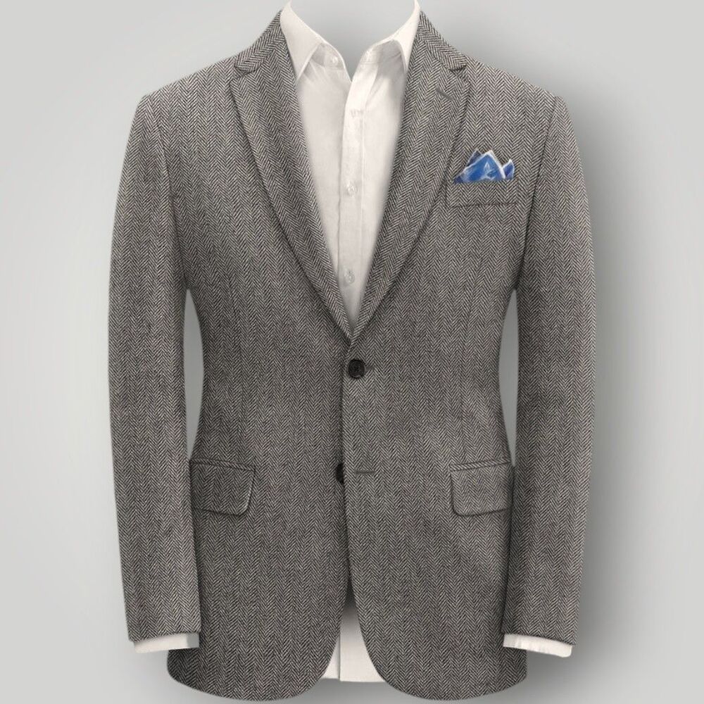 TOMMY HILFIGER Mens Blazer 40R Tweed Herringbone Gray Sport Coat 2-Button Jacket